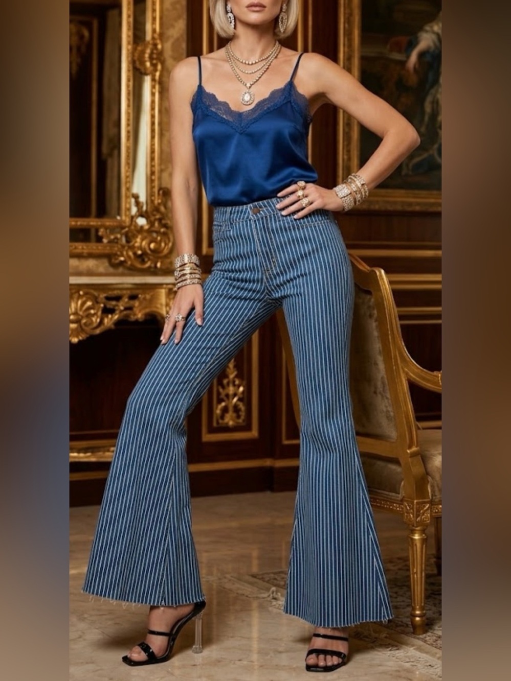 High-Waist Blue Pinstripe Judy Blue Flare Jeans